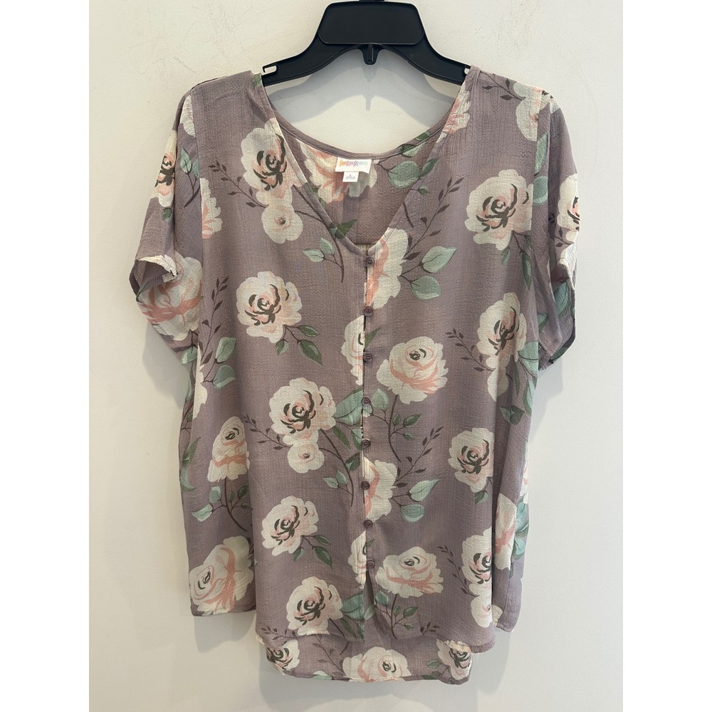LuLaRoe Womens Large Mauve Floral Rose Button Front V-Neck Blouse Short Sleeve